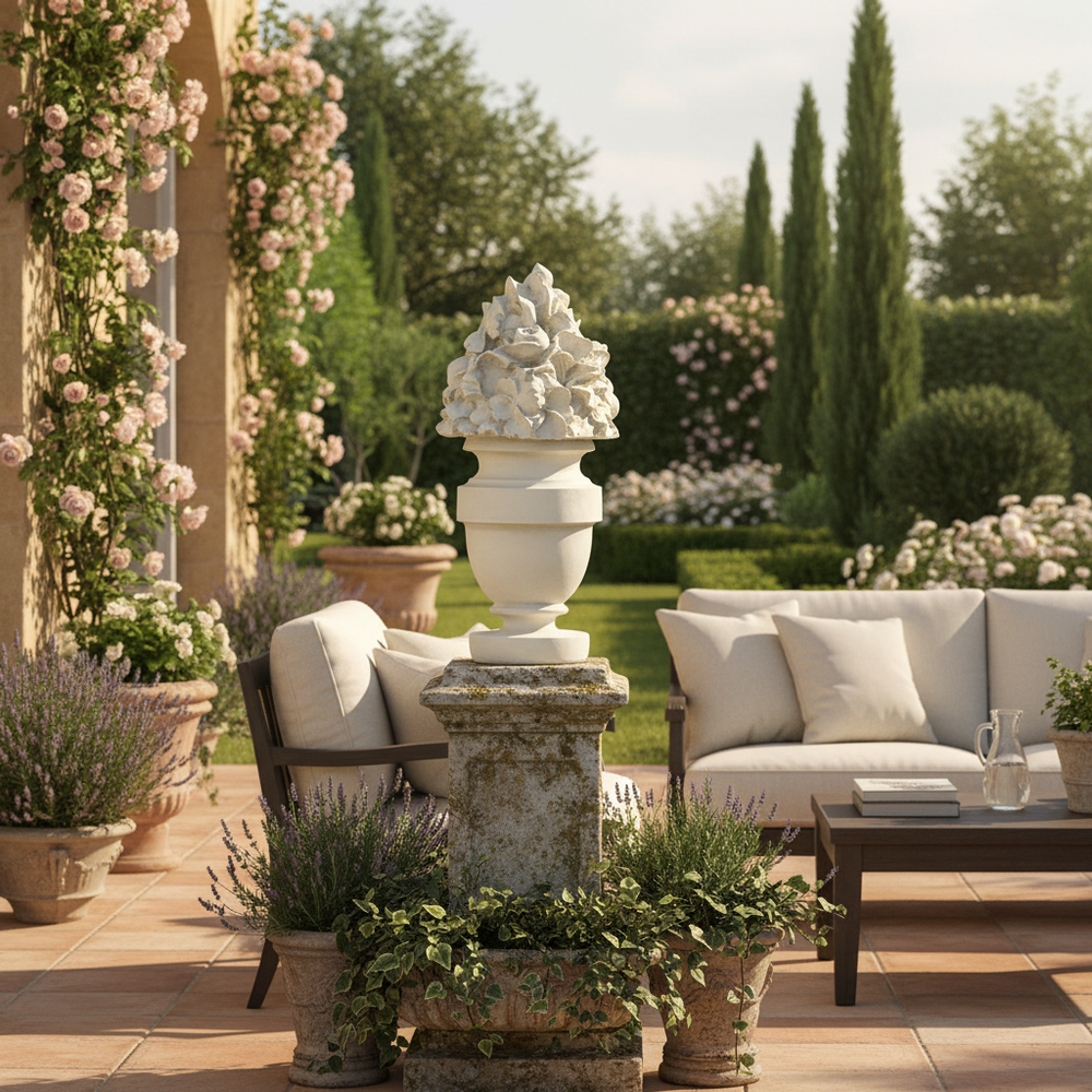 Outdoor patio with garden furniture, decorative urns, and lush greenery.