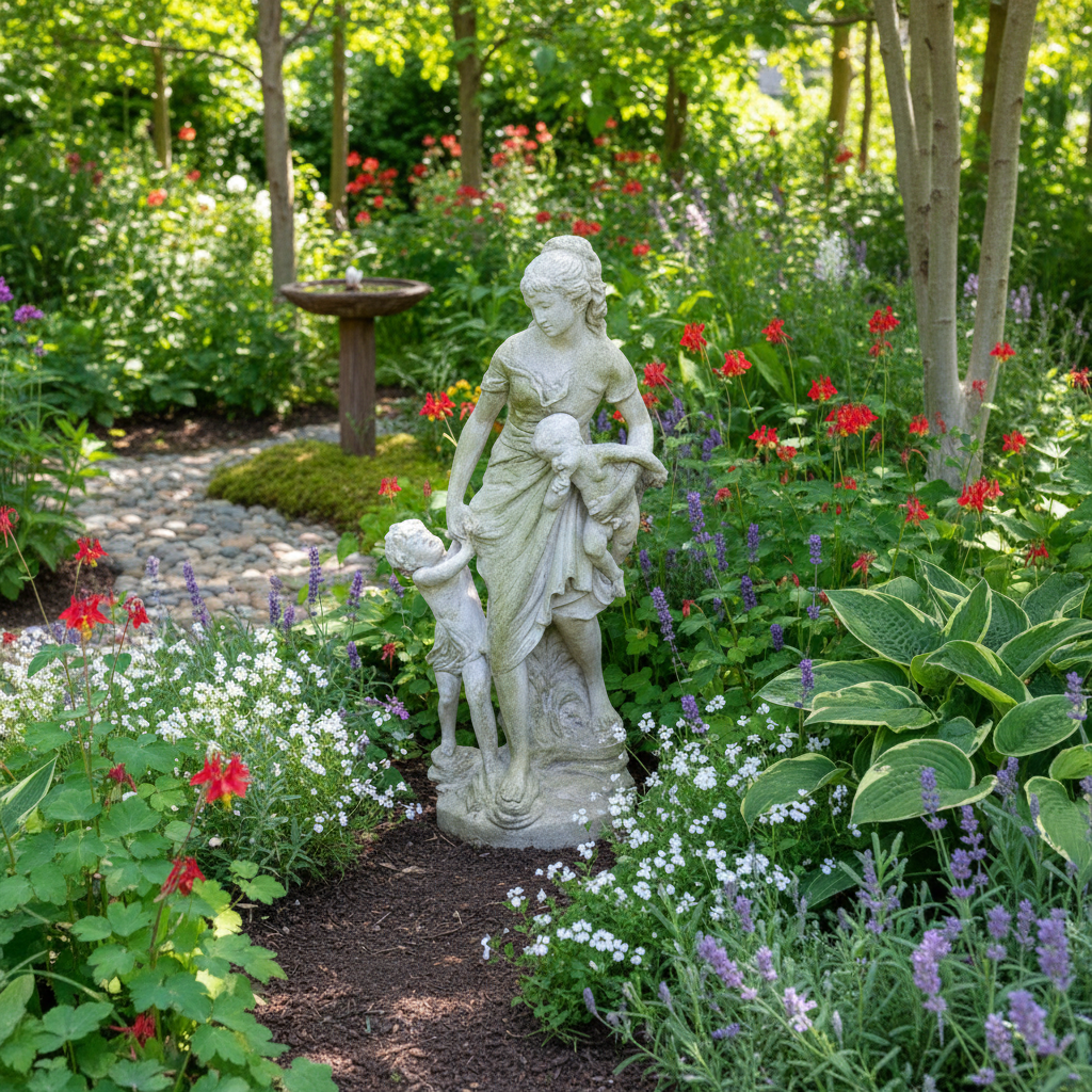 Cherished Moments Garden Sculpture - Endearing Statue Celebrating a Mother with Her Children