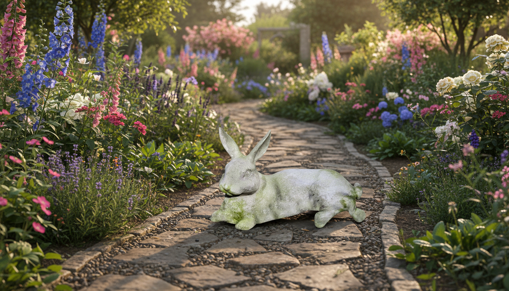 White Moss Rabbit Garden Accent Sculpture