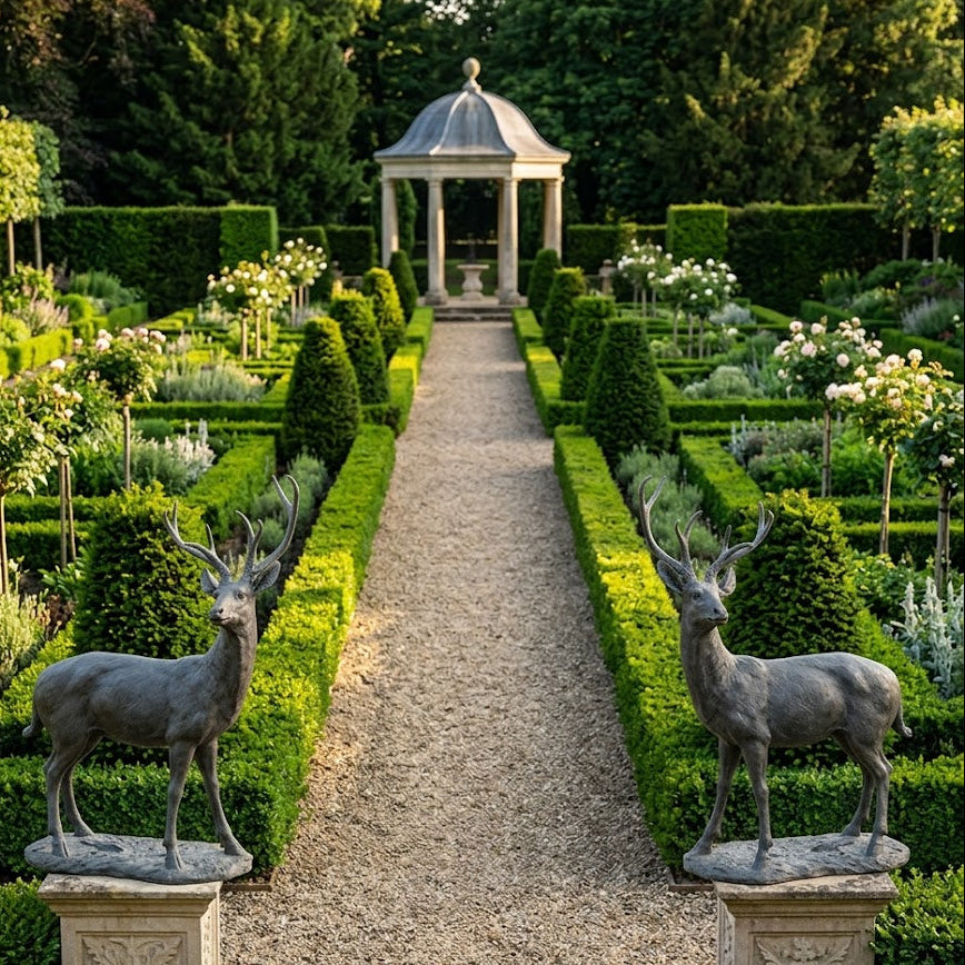 Ornate garden with statues of deer and a central pathway leading to a gazebo.