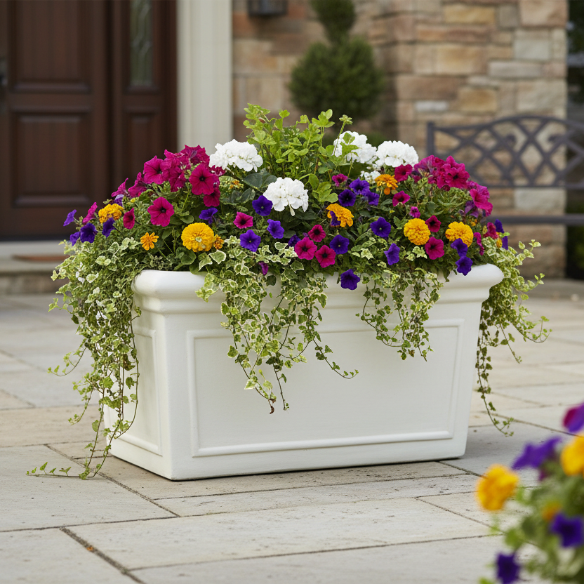 White planter box with colorful flowers on a patio