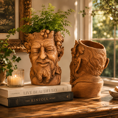 Decorative terracotta pots with face designs on a wooden surface with books and a candle.