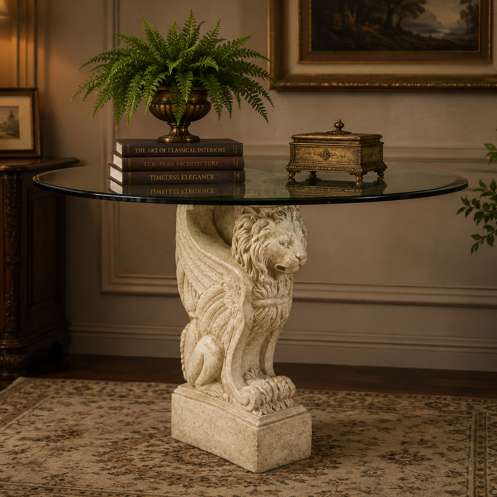 A round glass-top table with a sculpted stone lion pedestal base, styled in a classic room setting with a fern, books, and a small chest on a patterned rug.