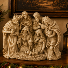 A detailed beige stone-look nativity scene figurine displayed on a wooden shelf, flanked by a lit candle holder, a rustic vase with red berries, and a dark lantern, with a framed painting in the background.