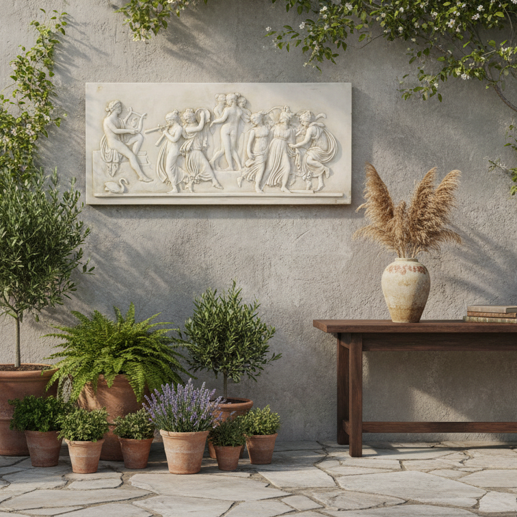 Decorative wall art above a table with potted plants and a vase against a stone wall.