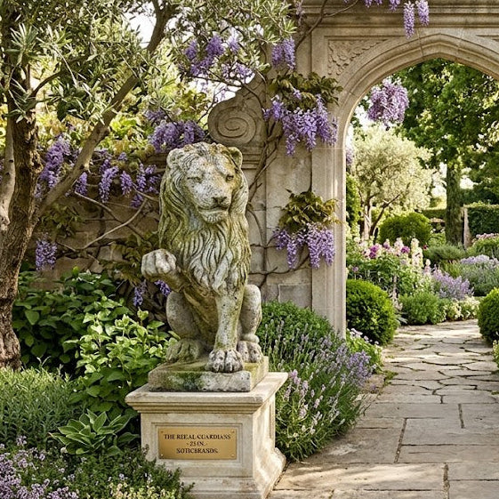 Decorative garden arch with lion statues and floral decorations