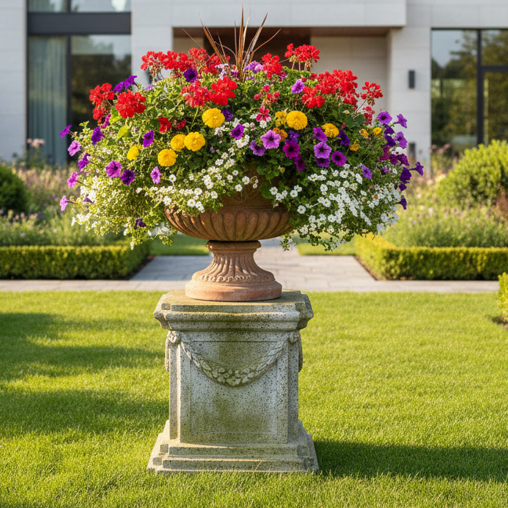 A large terracotta-colored stone planter filled with vibrant red, purple, yellow, and white flowers, displayed on a decorative stone pedestal in a well-maintained green garden.