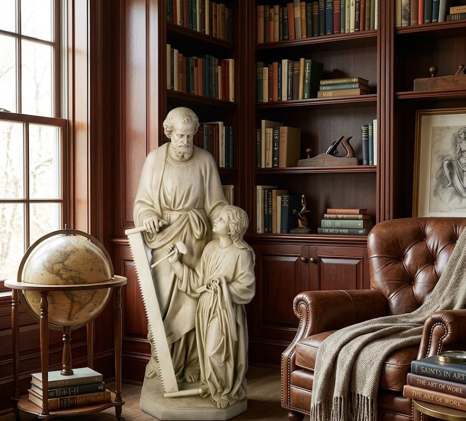 Statue of a man and child in a room with bookshelves, globe, and armchair.