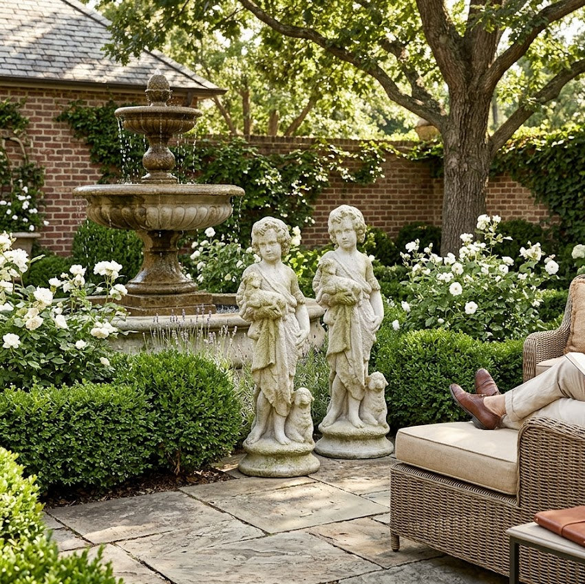Garden scene with statues, fountain, and a person sitting on a chair.