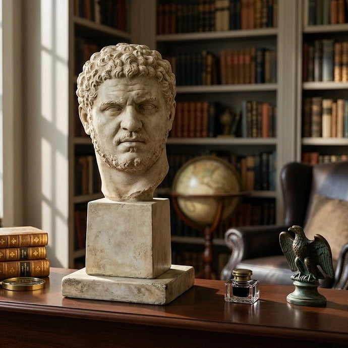Bust of a classical figure on a desk with books and an eagle statue in a room with bookshelves.