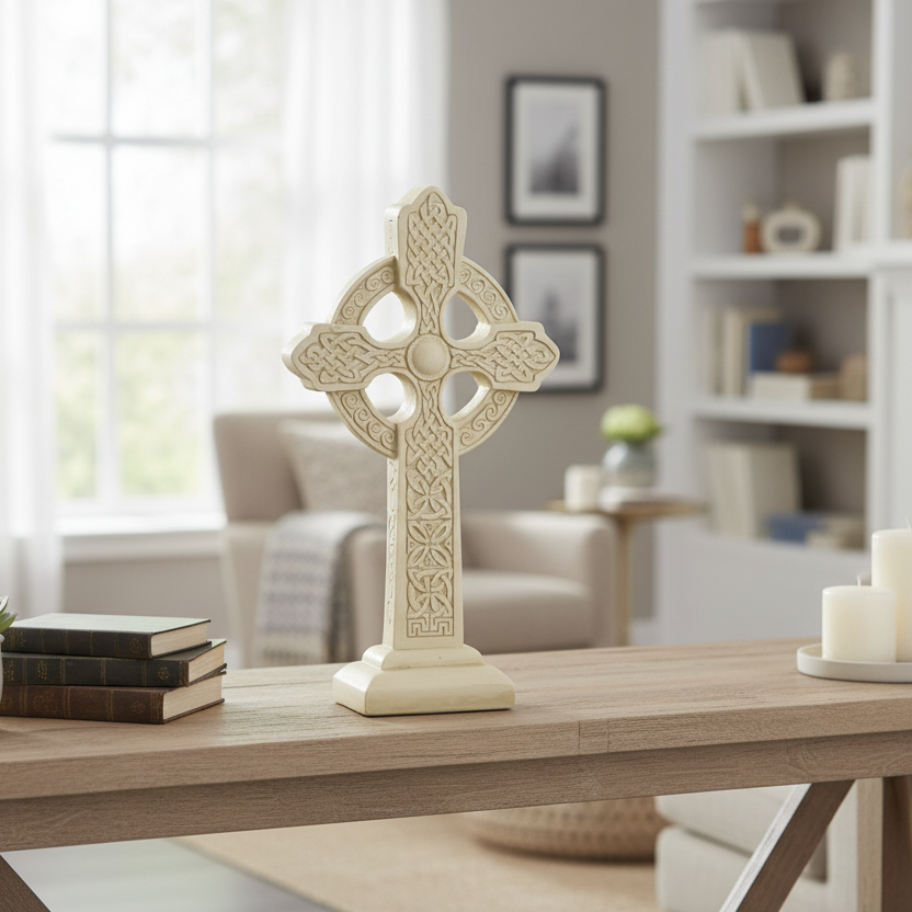 Decorative Celtic cross on a wooden table in a living room setting