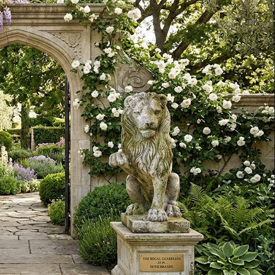 Decorative garden arch with lion statues and floral decorations