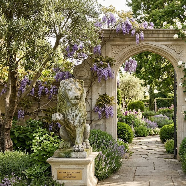 Decorative garden arch with lion statues and floral decorations