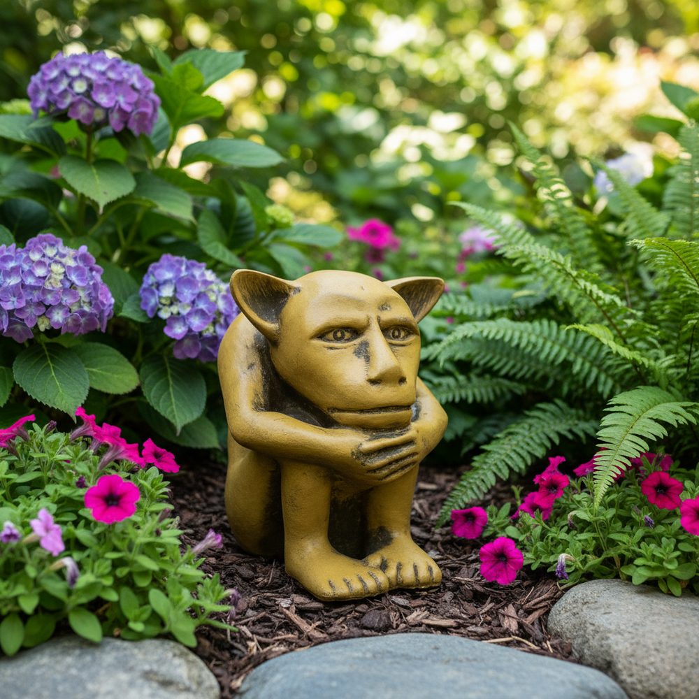 Gnome figurine in a garden with flowers and plants