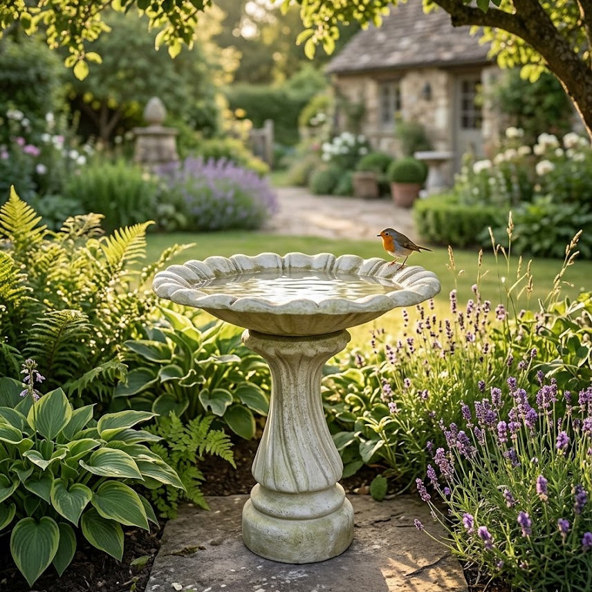 Bird bath in a garden with a bird perched on it, surrounded by greenery and flowers.