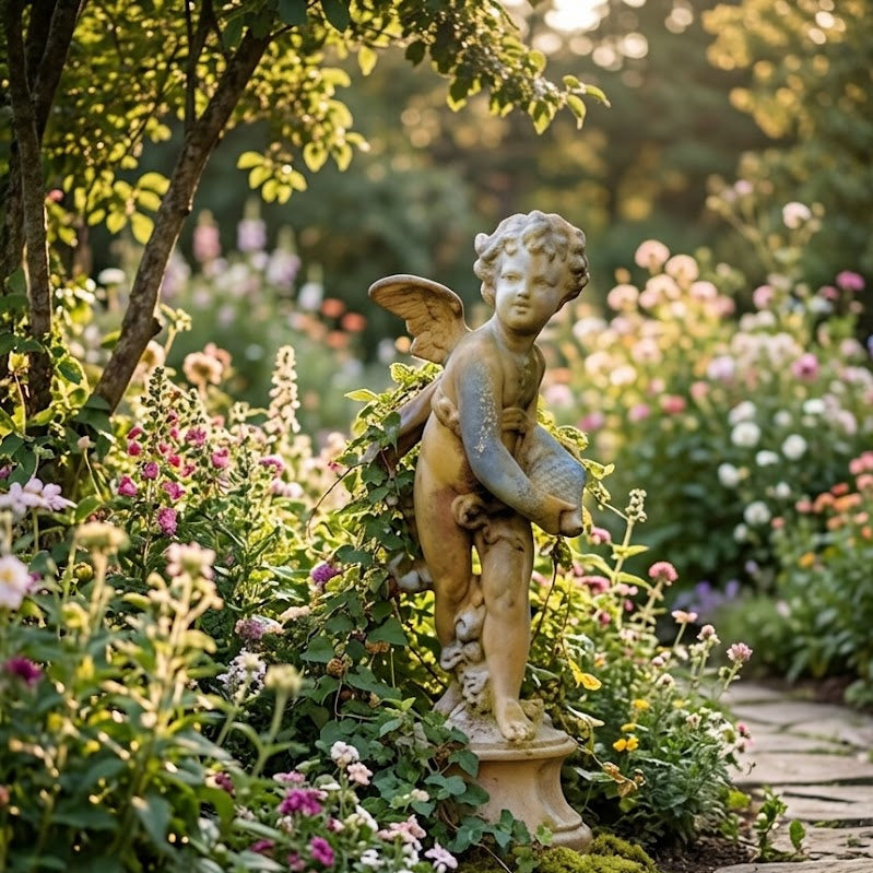 Statue of a angel in a garden with flowers and a stone path