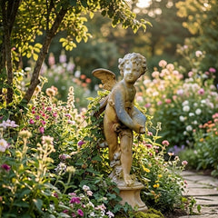 Statue of a angel in a garden with flowers and a stone path