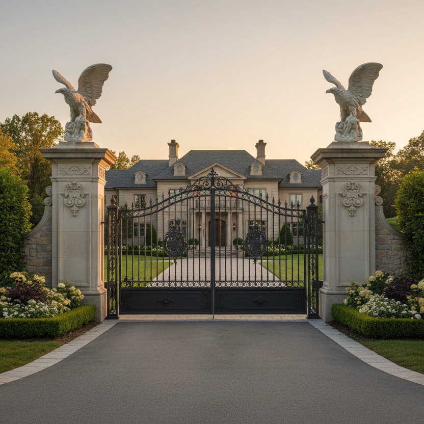 Elegant mansion entrance with stone pillars and eagle sculptures at sunset.