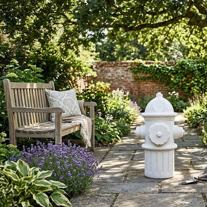 Garden scene with a stone fire hydrant, bench, and potted plants.
