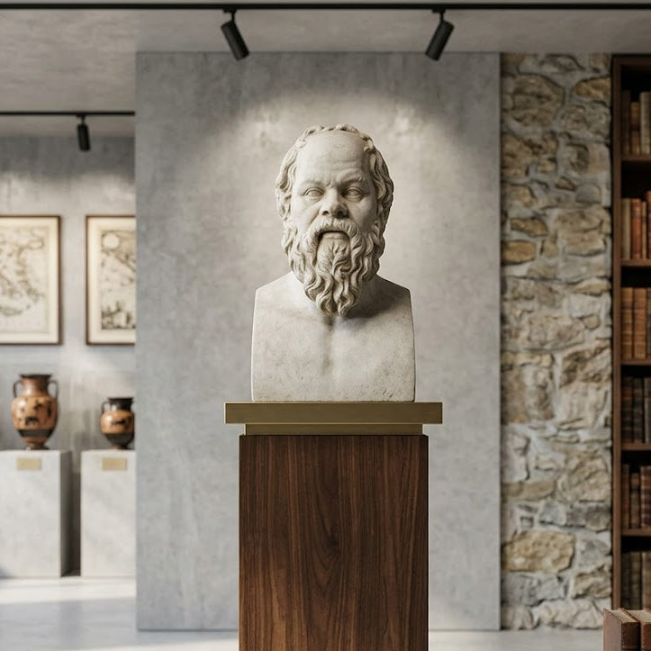 Bust of Socrates on a wooden pedestal in a room with books and decorative items.