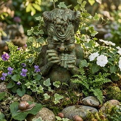 Green fairy statue among plants and flowers
