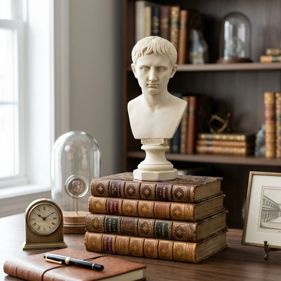 Bust on a stack of books with a window and bookshelf in the background