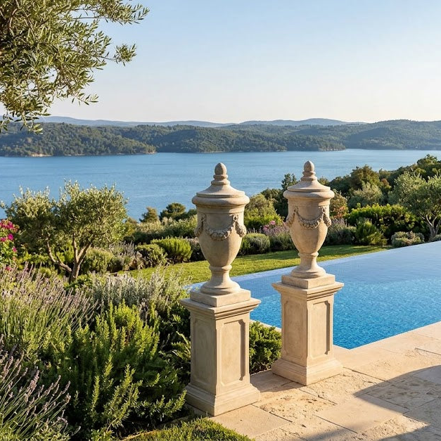 Luxury pool area with scenic view of water and mountains