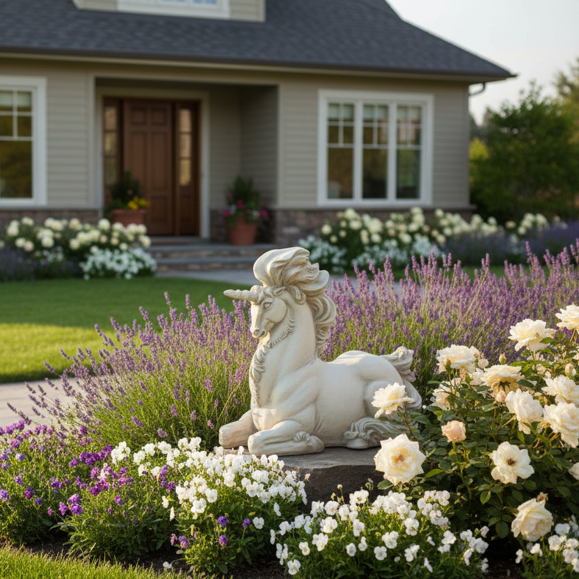Statue of a unicorn statue in a garden with flowers and a house in the background