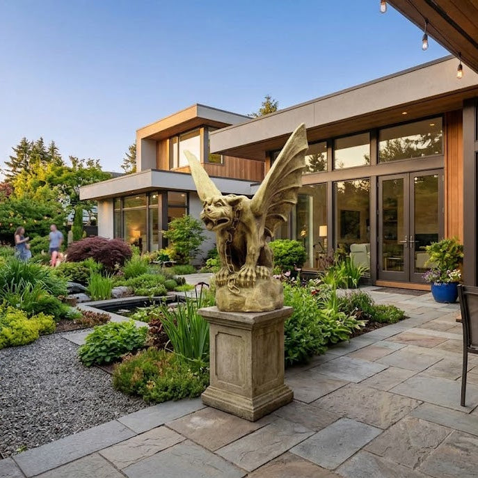 Modern house exterior with garden, statue, and outdoor furniture