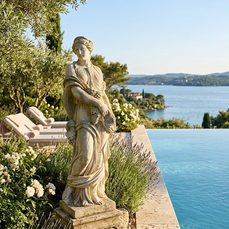 Statue by a pool with a scenic view of water and trees