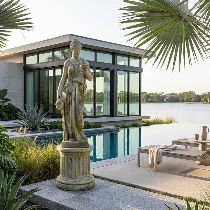 Statue by a pool with modern house and lake view