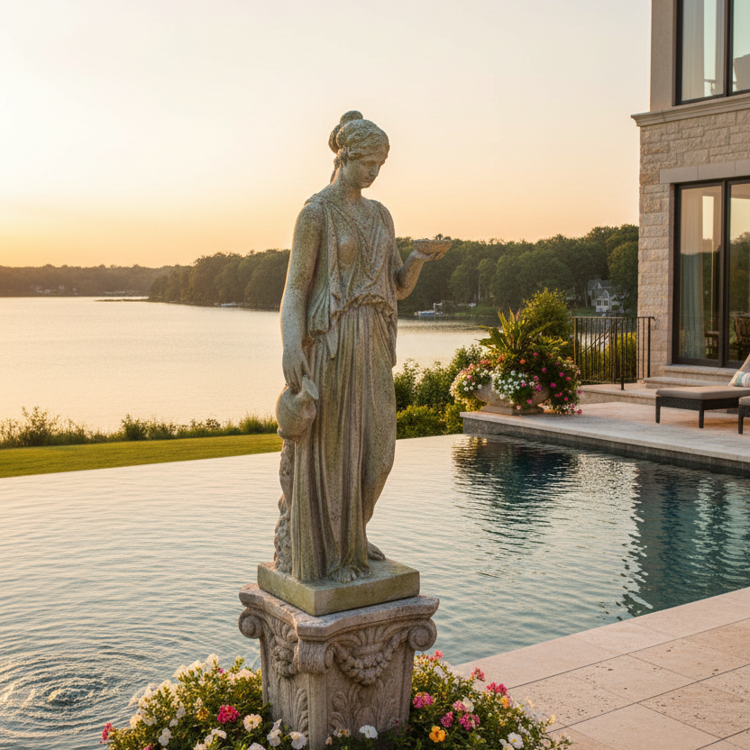 Statue by a pool with flowers and a house in the background