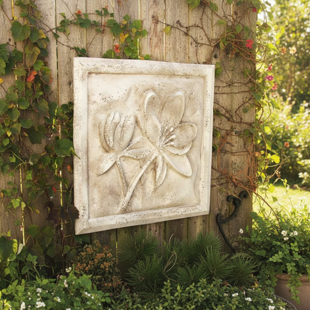 Decorative wall art with floral design on a wooden fence in a garden setting