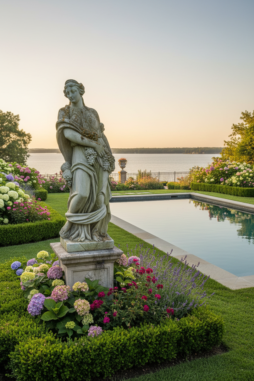 Statue in a garden with flowers and a pool in the background