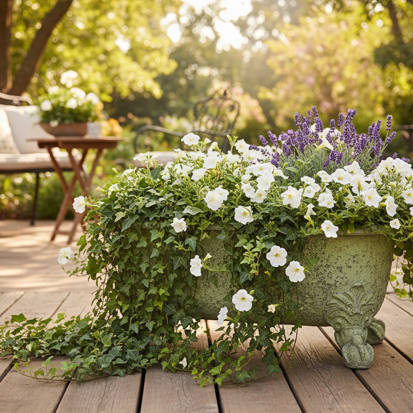 Floral arrangement in a decorative planter on a wooden deck with a garden background