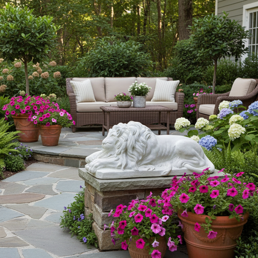Garden scene with a stone lion sculpture, potted plants, and a stone pathway.