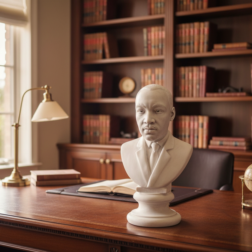 Bust of a historical figure on a desk in a room with bookshelves and a window.