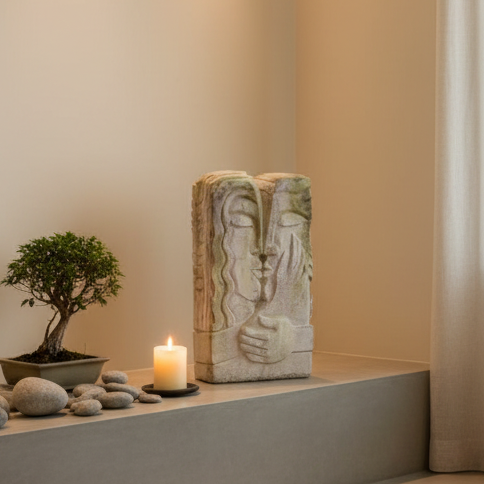Peaceful interior setting with a statue, candle, and bonsai tree on a shelf.
