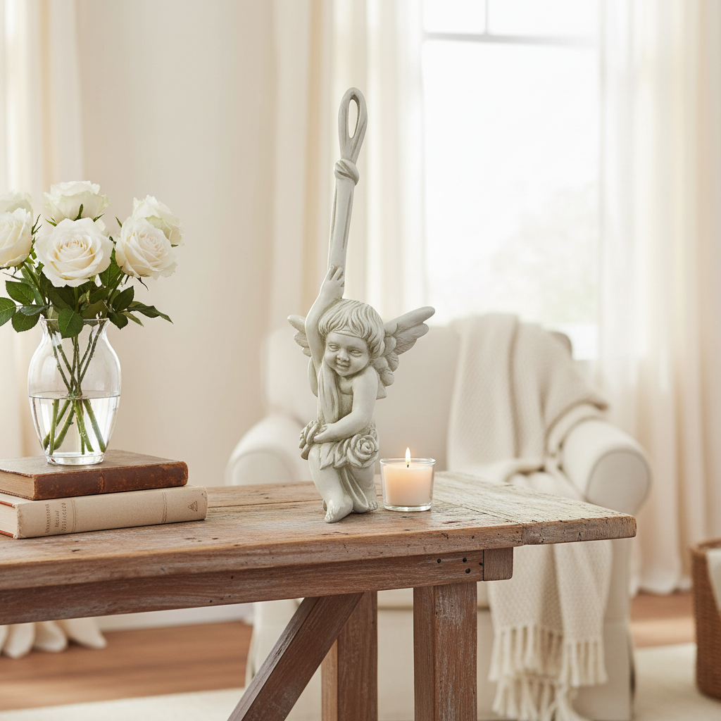 Decorative table with a vase of white flowers, a candle, and a statue of an angel in a softly lit room.
