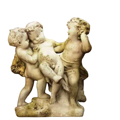 Statue of three cherubs holding a shell on a white background