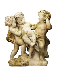 Statue of three cherubs holding a shell on a white background