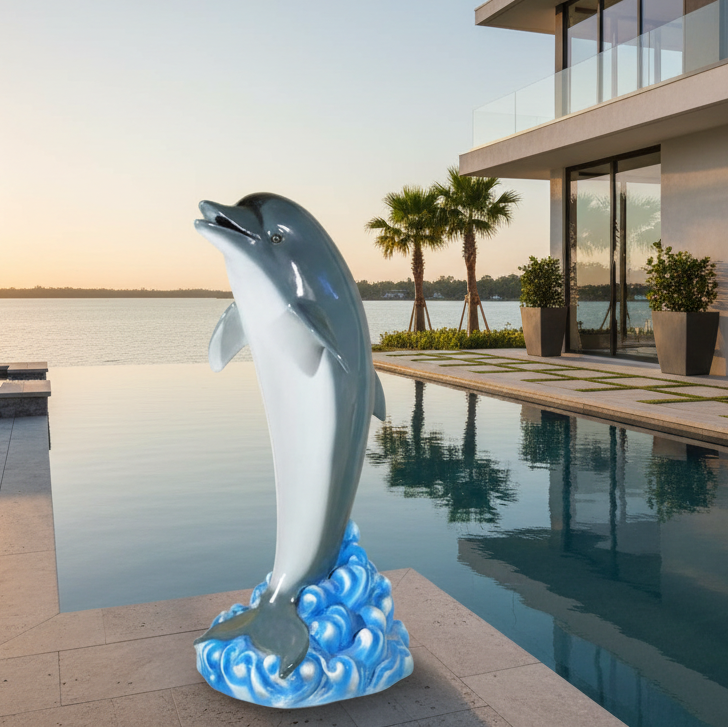 A large realistic dolphin statue standing on blue wave-like feet in the foreground beside a swimming pool, with a modern house, palm trees, and a sunset across the water in the background.