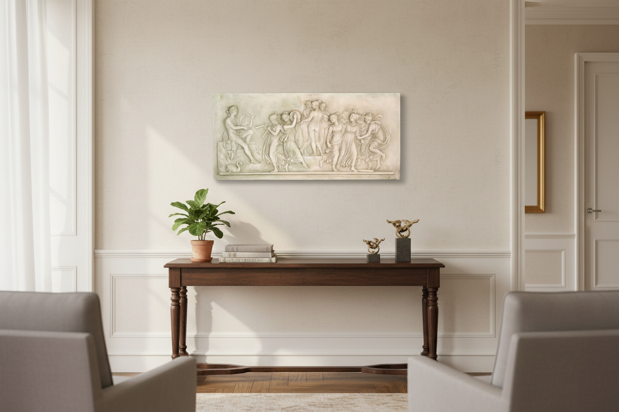 Living room with a wooden console table, decorative items, and a wall art piece.