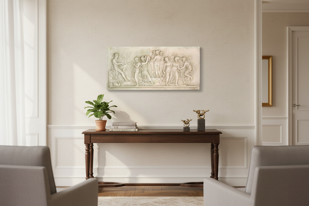 Living room with a wooden console table, decorative items, and a wall art piece.
