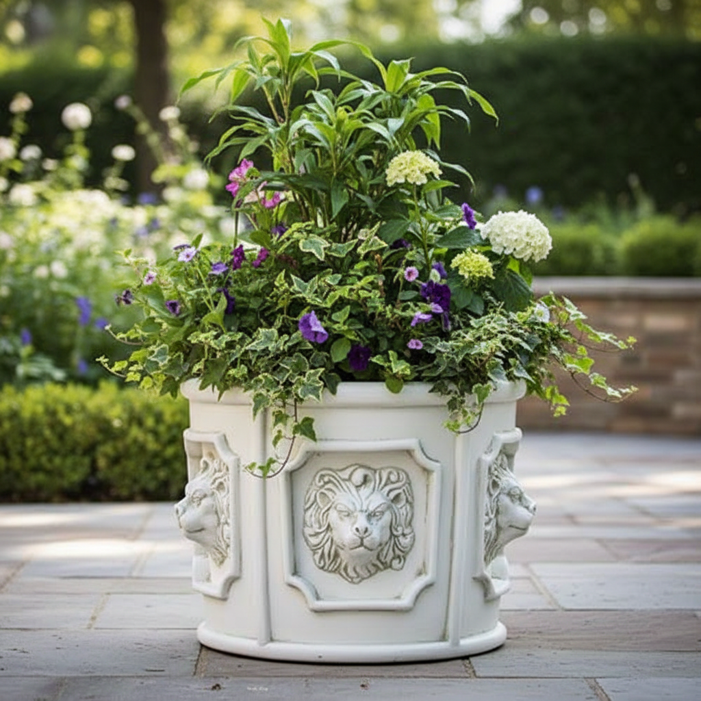 Lion Head Urn Planter Sculpture Set of 5 Stone
