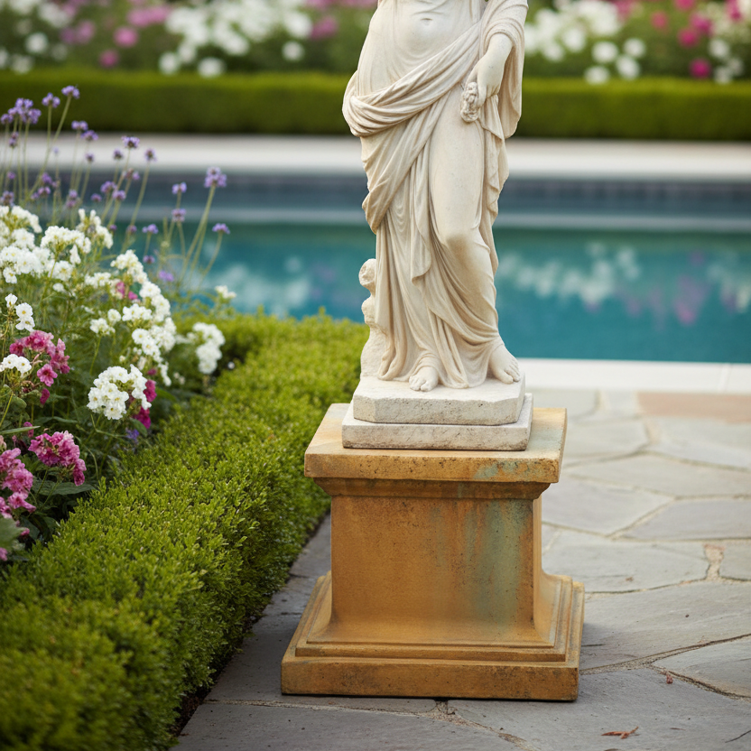 Statue of a classical woman in a garden setting with flowers and a pool in the background