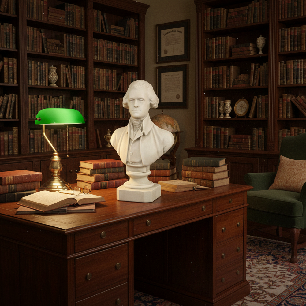 Bust of a man on a wooden desk in a library setting with books and a lamp.
