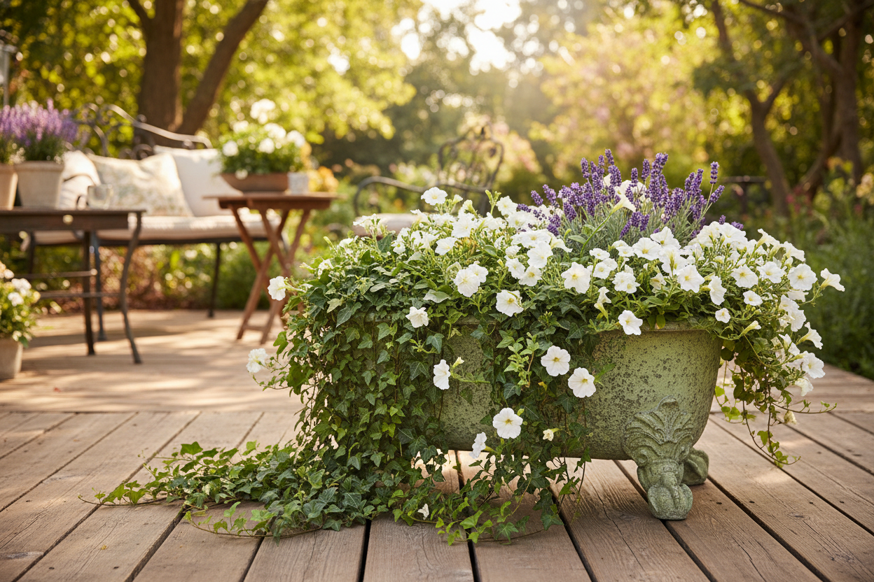 Decorative garden planter with flowers on a wooden deck in a garden setting