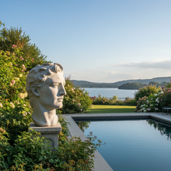 Statue of a classical head in a garden with a pool and scenic view.