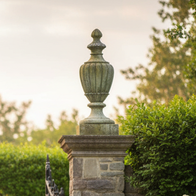 Decorative garden gate with stone pillars and white flowers on a sunny day.